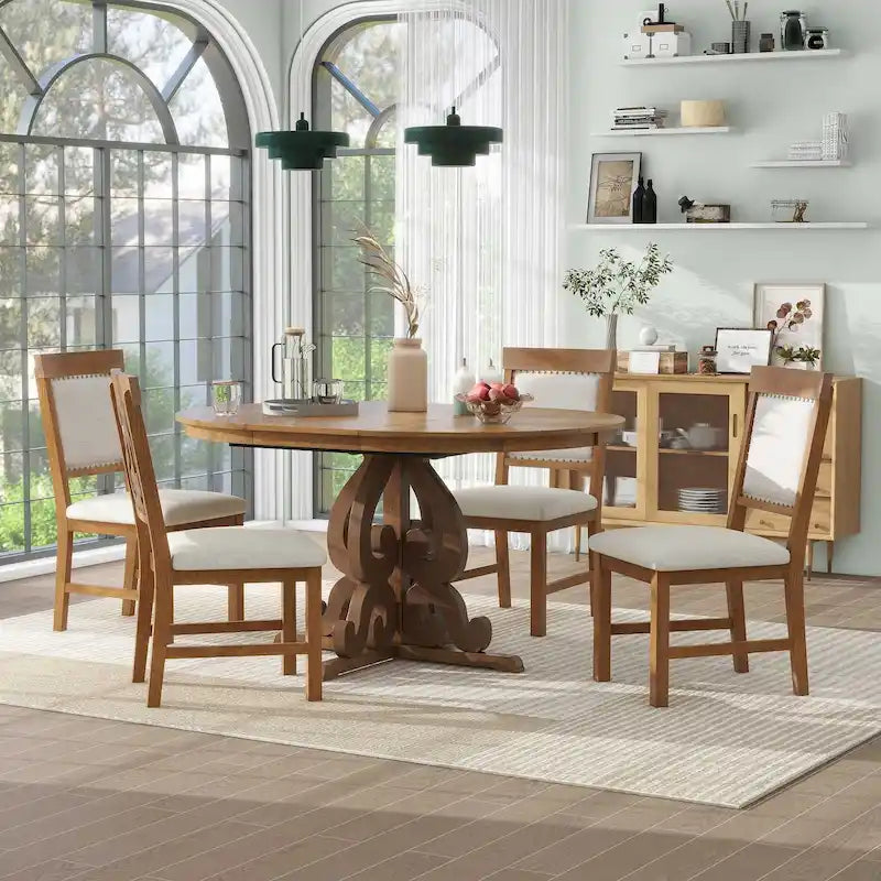 5 Piece Kitchen Dining Table Set, Wood Round Extendable Table Set with Leaf and 4 Upholstered Chairs with Decorative Nails