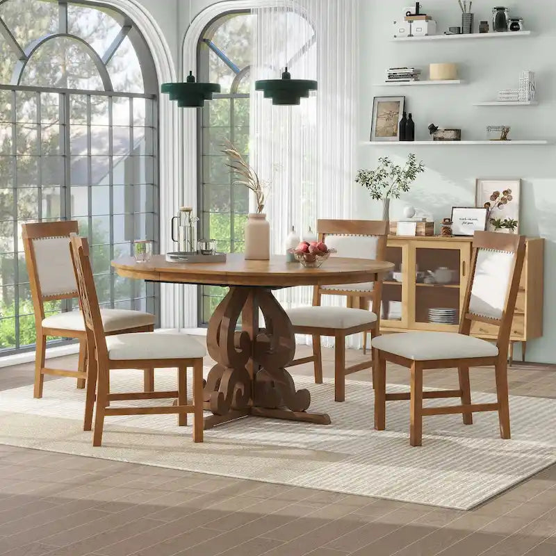 5 Piece Kitchen Dining Table Set, Wood Round Extendable Table Set with Leaf and 4 Upholstered Chairs with Decorative Nails