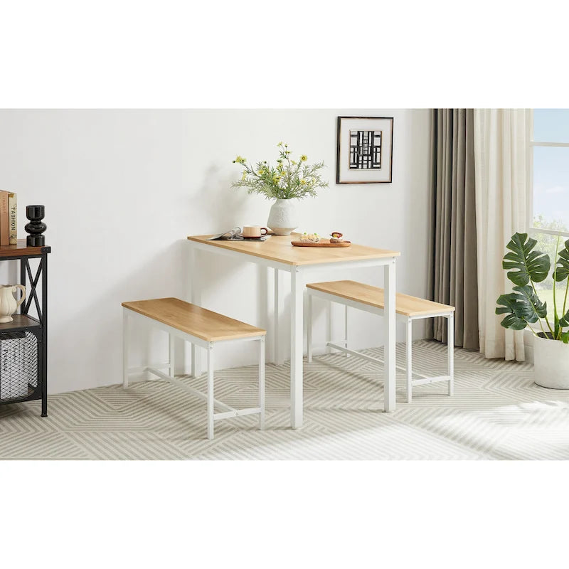 Industrial Rectangle Dining Table Set with 2 Benches Breakfast Nook Dining Table Set Kitchen Dining Table Set Metal Legs