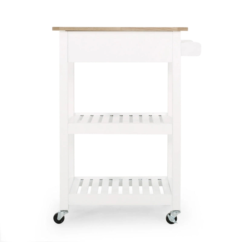 Contemporary Multifunctional Kitchen Cart with Rubberwood Top, Open Slat Shelving, Rolling Casters, Drawer and Towel Holder
