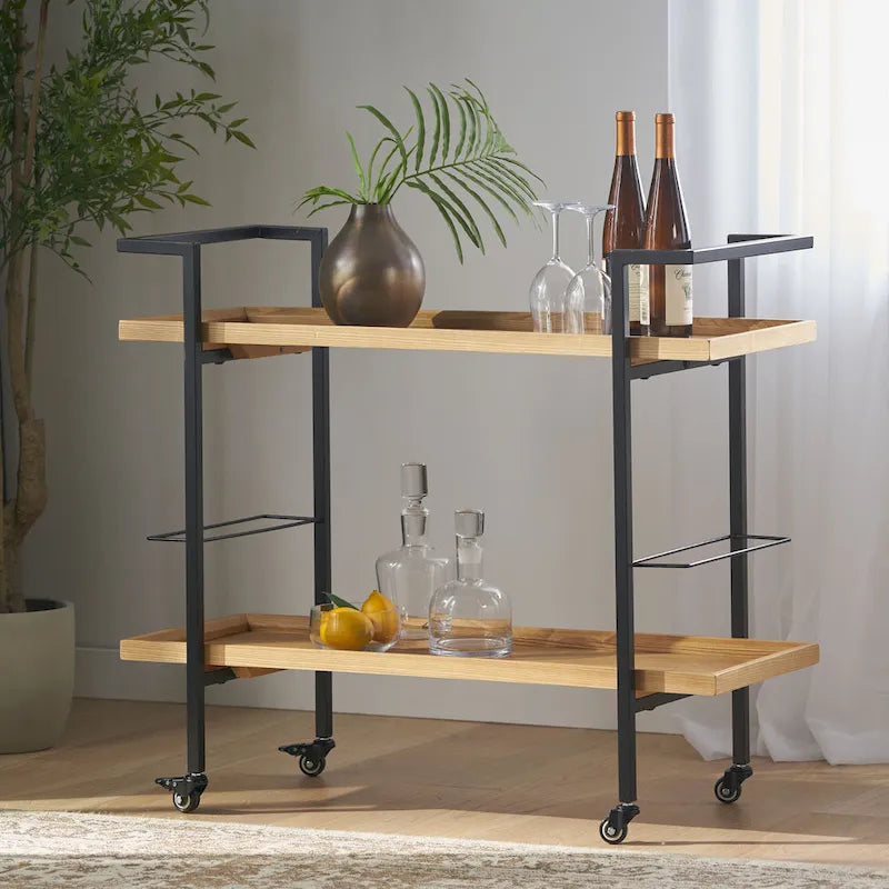 Rolling Bar Cart with Wood Look Shelving, Handle & Lockable Casters - Industrial Style Mobile Serving Cart with Wine Storage