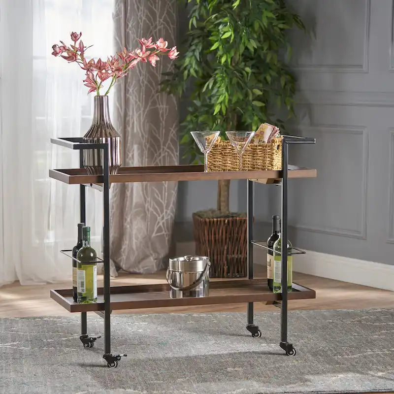 Rolling Bar Cart with Wood Look Shelving, Handle & Lockable Casters - Industrial Style Mobile Serving Cart with Wine Storage