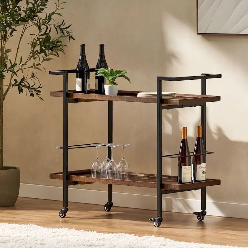 Rolling Bar Cart with Wood Look Shelving, Handle & Lockable Casters - Industrial Style Mobile Serving Cart with Wine Storage
