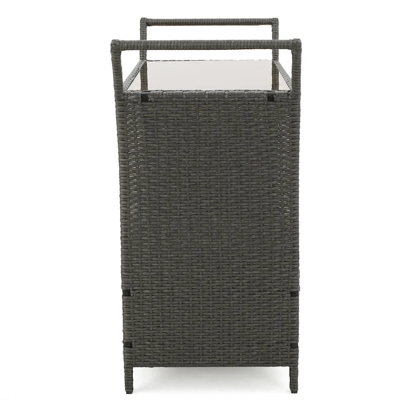 Outdoor Rattan Bar Cart with Removable Ice Bucket, Tempered Glass Top & Wheels, Mobile Beverage Serving Cart with Aluminum Frame