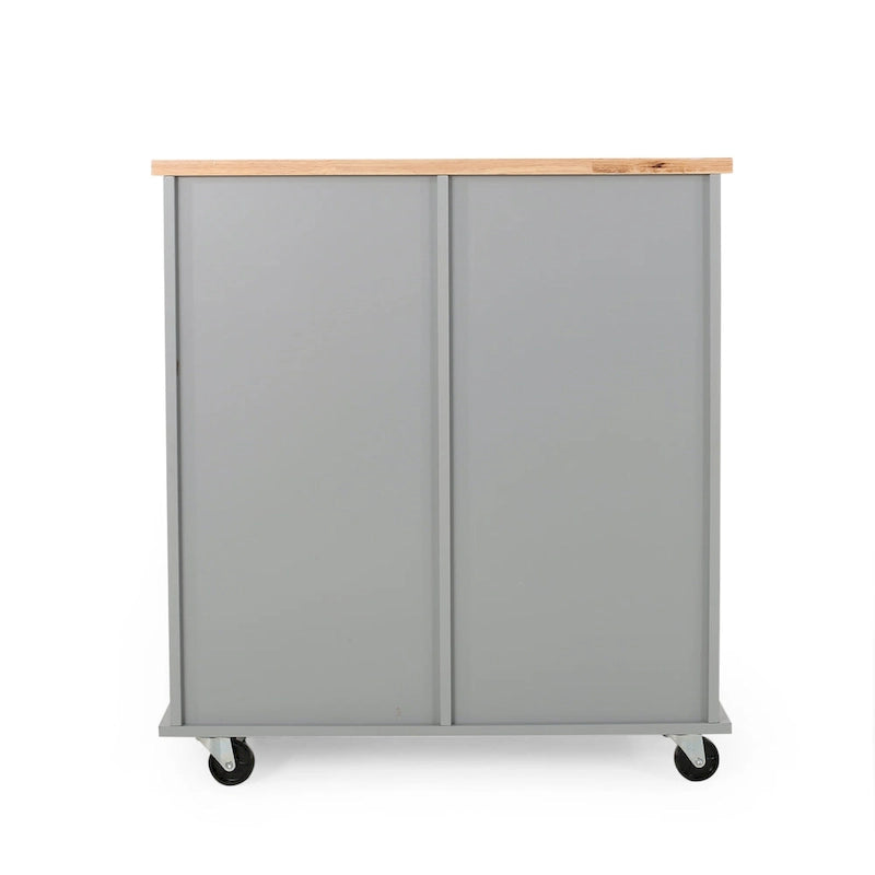 Modern Kitchen Cart with Rubberwood Top, Cabinet Storage, Two Drawers, Three Open Shelves and Lockable Rolling Casters
