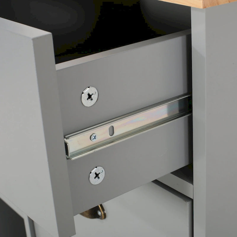 Modern Kitchen Cart with Rubberwood Top, Cabinet Storage, Two Drawers, Three Open Shelves and Lockable Rolling Casters