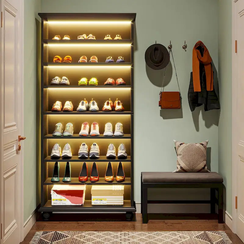9-Tier Narrow Tall Shoe Storage Cabinet with LED Lighting for Living Room