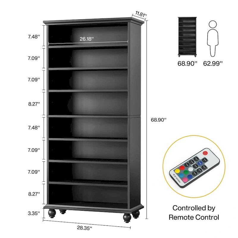 9-Tier Narrow Tall Shoe Storage Cabinet with LED Lighting for Living Room