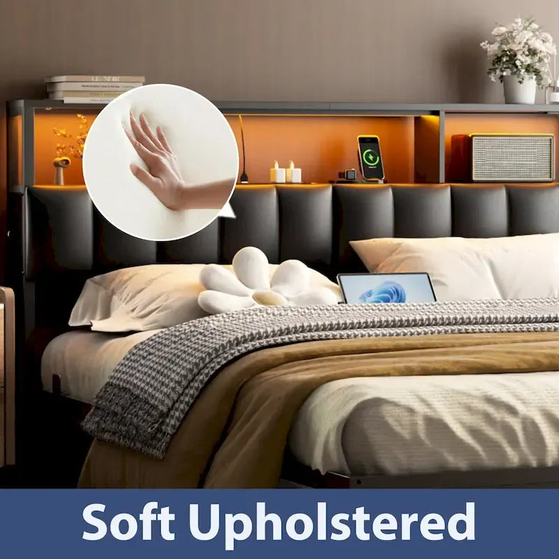 Upholstered Headboard with Hidden Drawer, Head Board with Power Outlet and LED Light