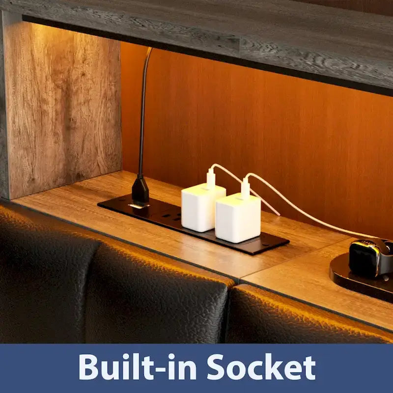 Upholstered Headboard with Hidden Drawer, Head Board with Power Outlet and LED Light