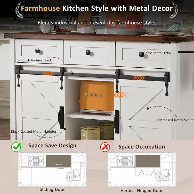 53.7 Farmhouse Kitchen Island With Power Outlet(no include stool)