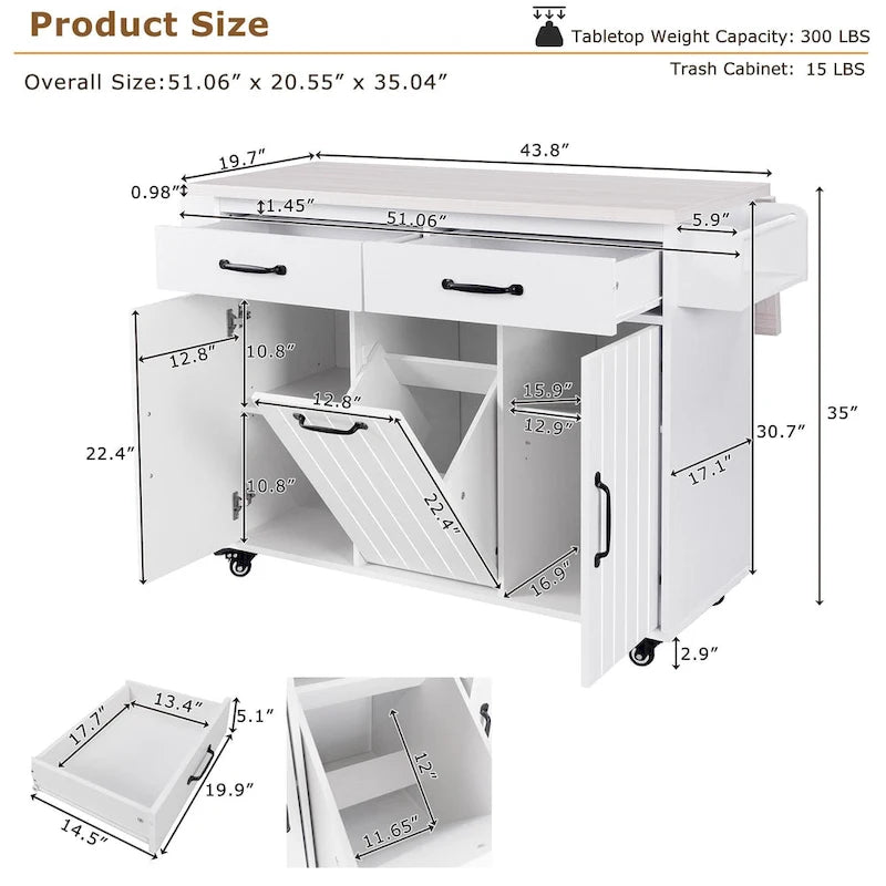 Kitchen Island With Trash Can Storage Cabinet(no include stool)