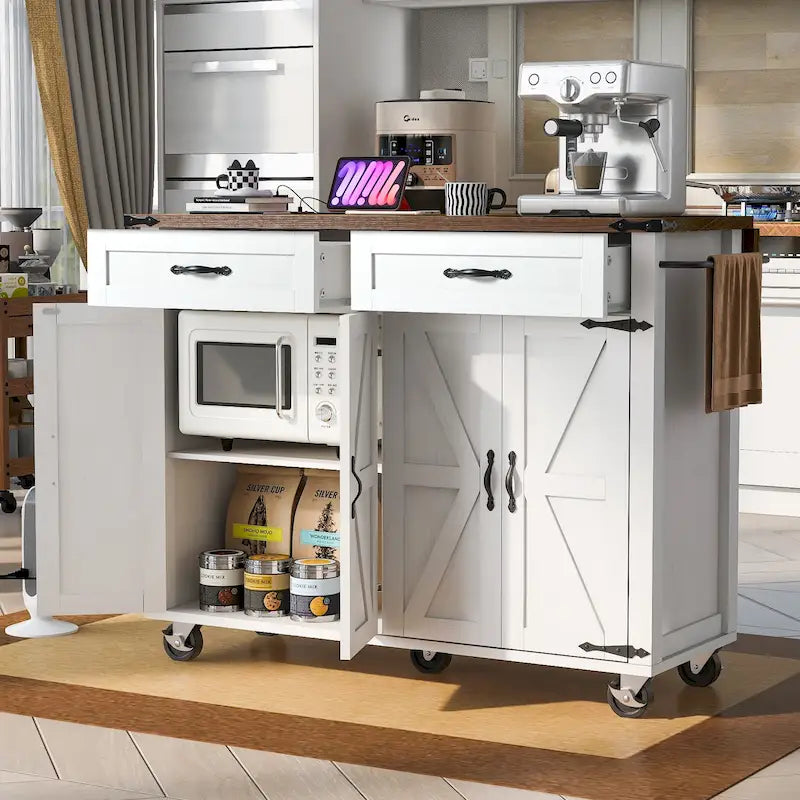 53.5Farmhouse Kitchen Island with Power Outlet, Kitchen Storage Island with Drop Leaf, Spice Rack and Drawer