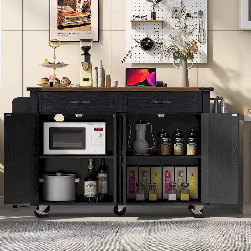 53.5Farmhouse Kitchen Island with Power Outlet, Kitchen Storage Island with Drop Leaf, Spice Rack and Drawer