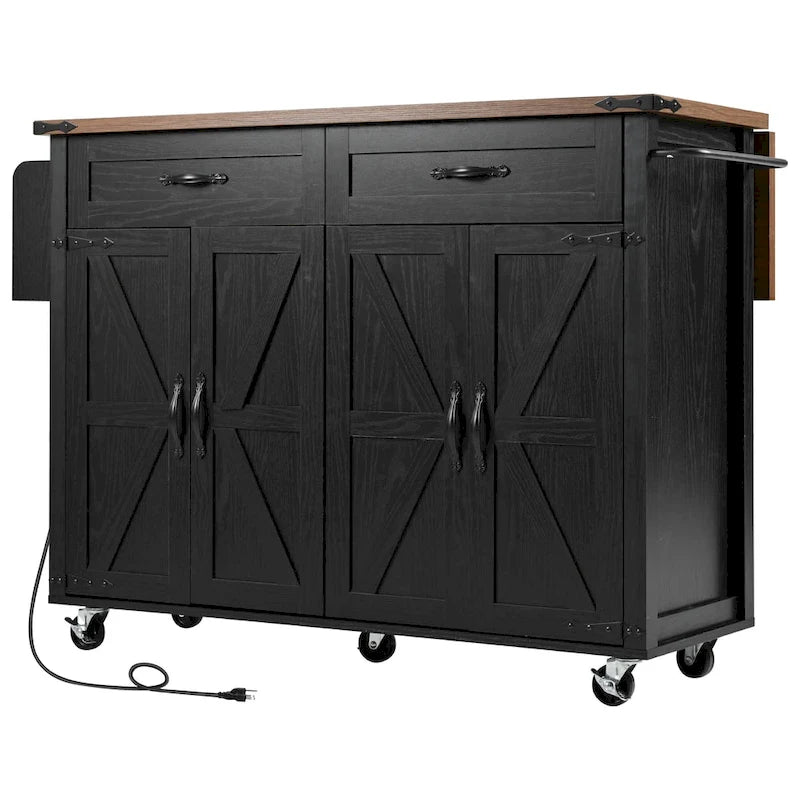 53.5Farmhouse Kitchen Island with Power Outlet, Kitchen Storage Island with Drop Leaf, Spice Rack and Drawer