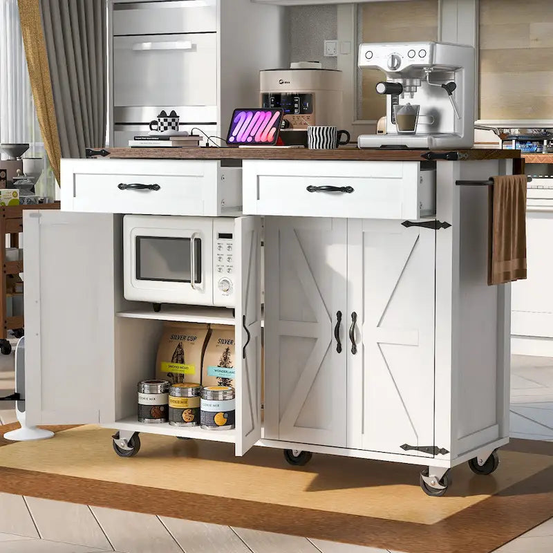 53.5Farmhouse Kitchen Island with Power Outlet, Kitchen Storage Island with Drop Leaf, Spice Rack and Drawer