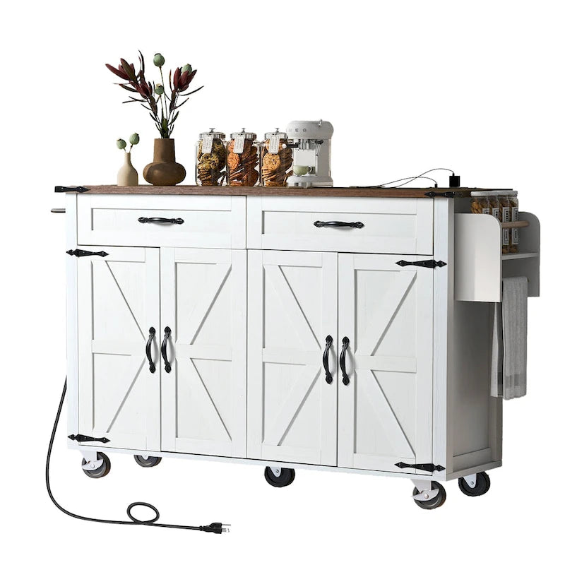 53.5Farmhouse Kitchen Island with Power Outlet, Kitchen Storage Island with Drop Leaf, Spice Rack and Drawer
