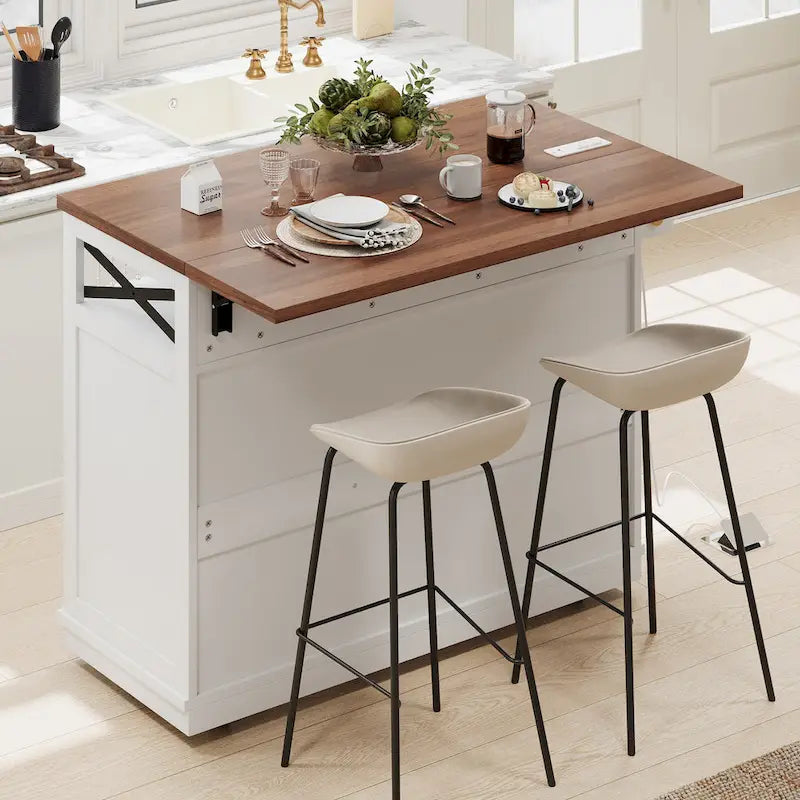 46.5 Farmhouse Kitchen Island w/Beaded Drape, Power Outlet, Drop Leaf, 3 Doors & Drawers, Iron Shelf, Wheels for Kitchen/Dining