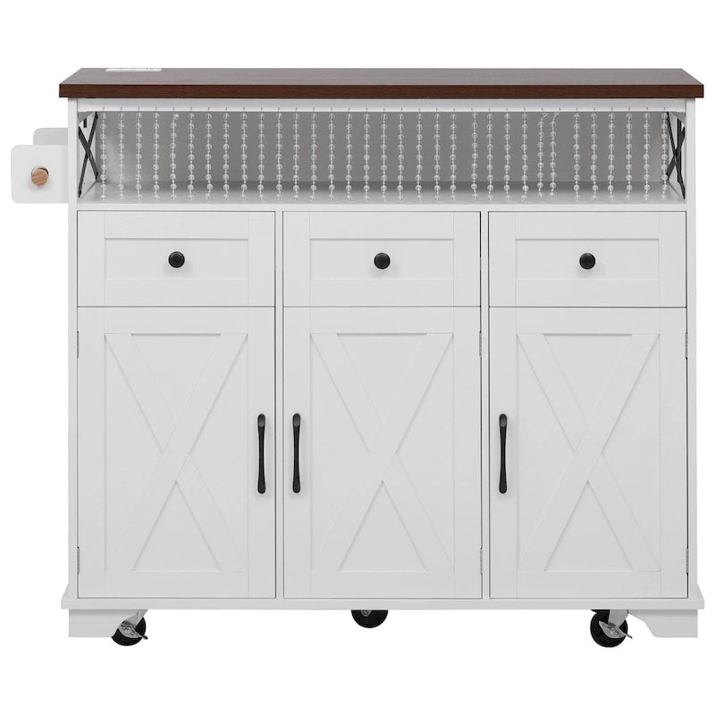 46.5 Farmhouse Kitchen Island w/Beaded Drape, Power Outlet, Drop Leaf, 3 Doors & Drawers, Iron Shelf, Wheels for Kitchen/Dining