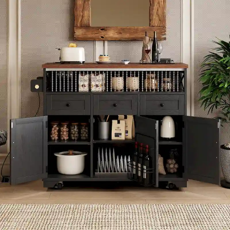 46.5 Farmhouse Kitchen Island w/Beaded Drape, Power Outlet, Drop Leaf, 3 Doors & Drawers, Iron Shelf, Wheels for Kitchen/Dining