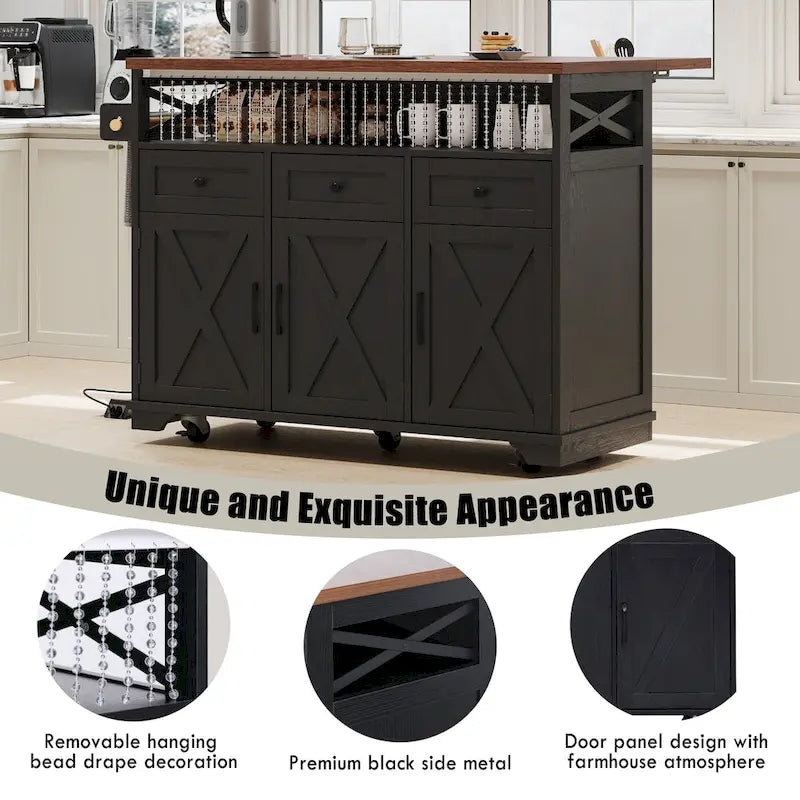 46.5 Farmhouse Kitchen Island w/Beaded Drape, Power Outlet, Drop Leaf, 3 Doors & Drawers, Iron Shelf, Wheels for Kitchen/Dining