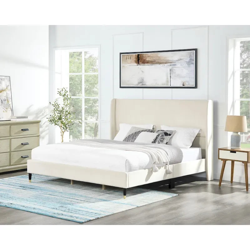 King Size Modern Style Platform Bed with Wingback Design Velvet Headboard for Bedroom