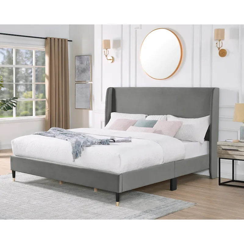 King Size Modern Style Platform Bed with Wingback Design Velvet Headboard for Bedroom