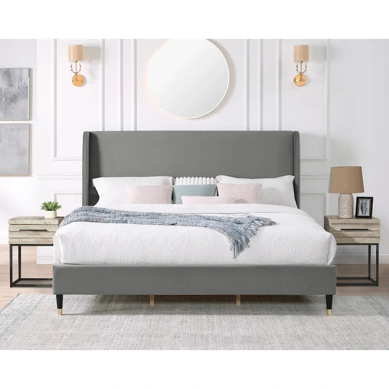 King Size Modern Style Platform Bed with Wingback Design Velvet Headboard for Bedroom