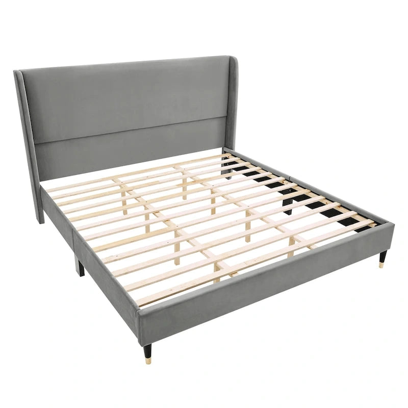 King Size Modern Style Platform Bed with Wingback Design Velvet Headboard for Bedroom