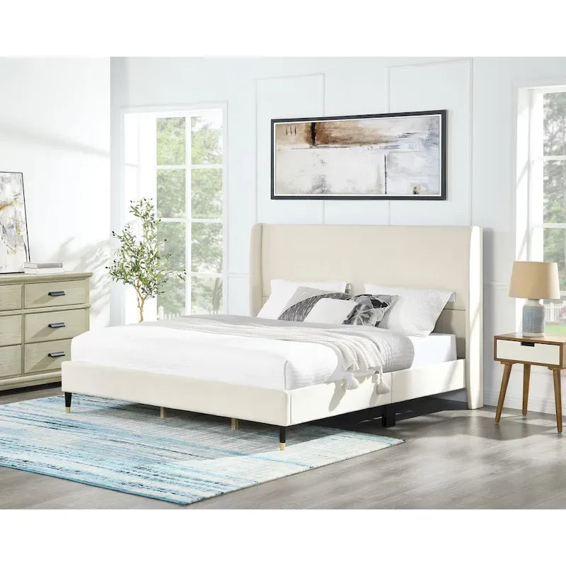 King Size Modern Style Platform Bed with Wingback Design Velvet Headboard for Bedroom