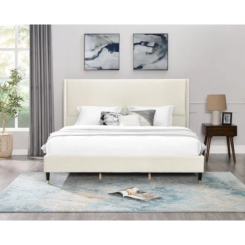 King Size Modern Style Platform Bed with Wingback Design Velvet Headboard for Bedroom