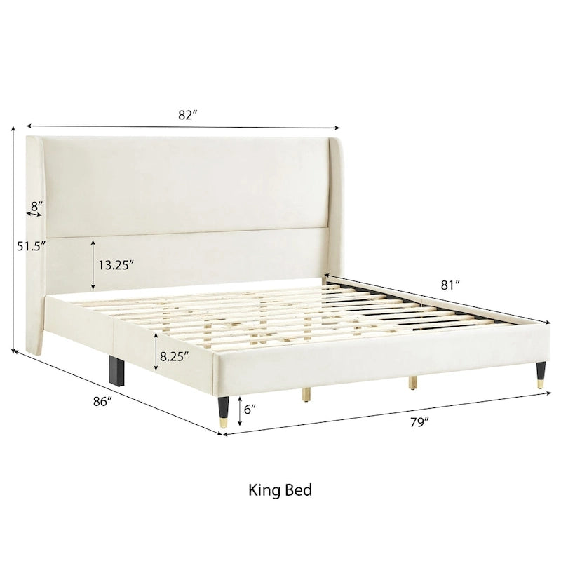 King Size Modern Style Platform Bed with Wingback Design Velvet Headboard for Bedroom