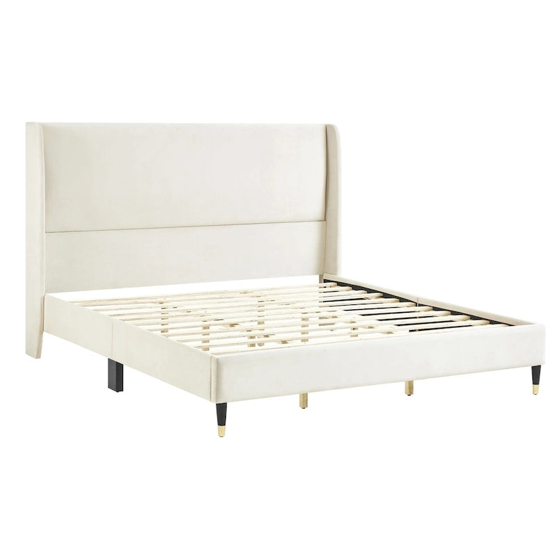 King Size Modern Style Platform Bed with Wingback Design Velvet Headboard for Bedroom