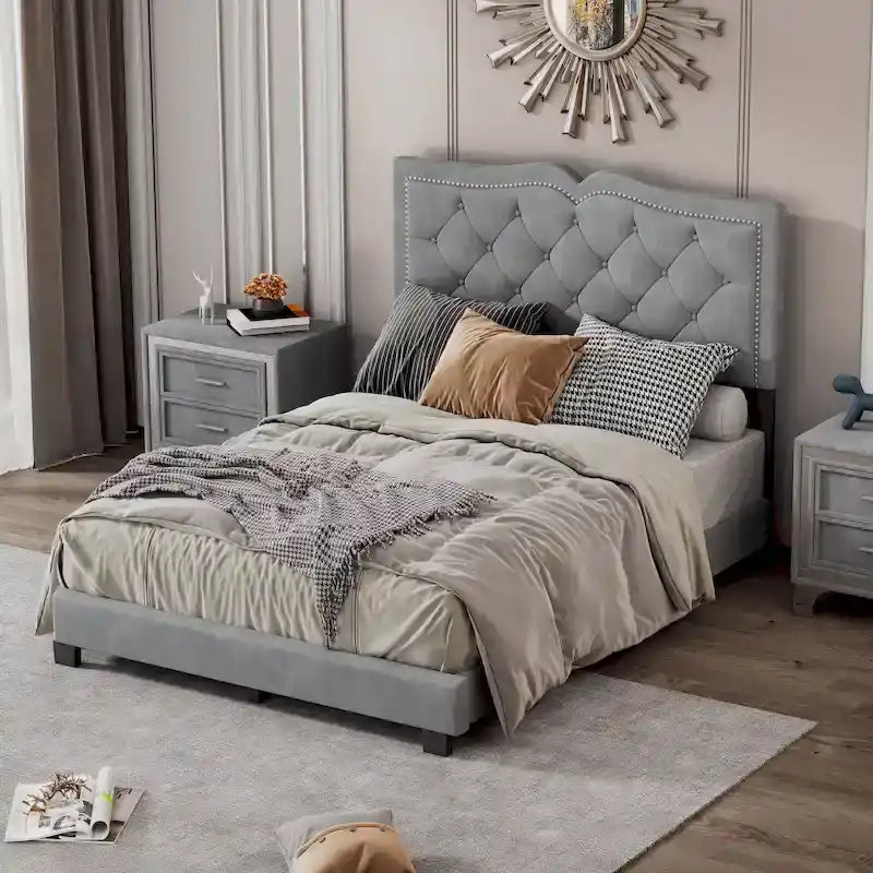 Full Size Modern Velvet Upholstered Platform Bed with Plush Velvet Tufted Headboard for Bedroom