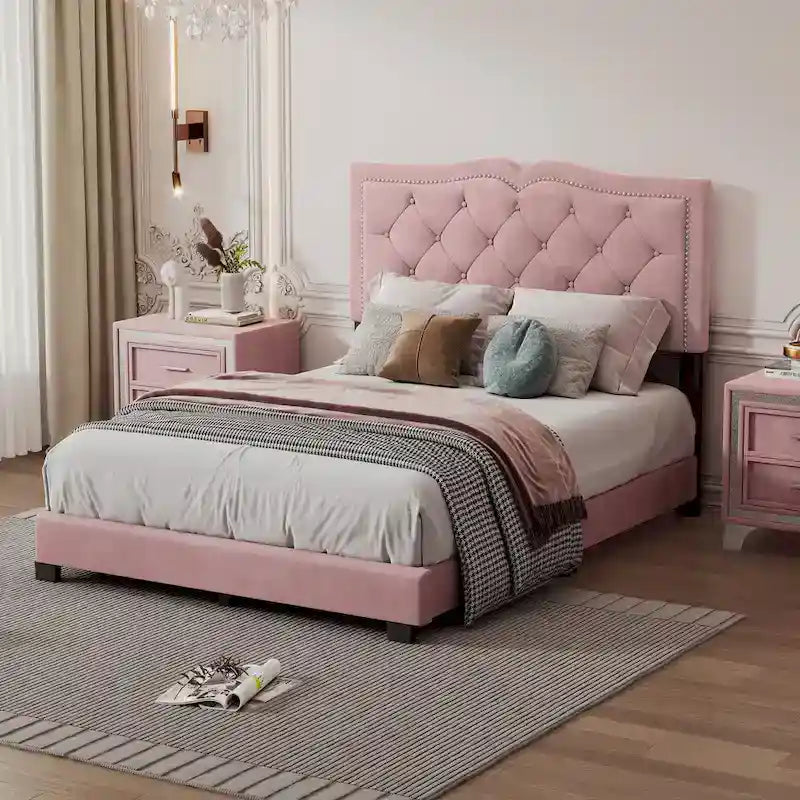 Full Size Modern Velvet Upholstered Platform Bed with Plush Velvet Tufted Headboard for Bedroom