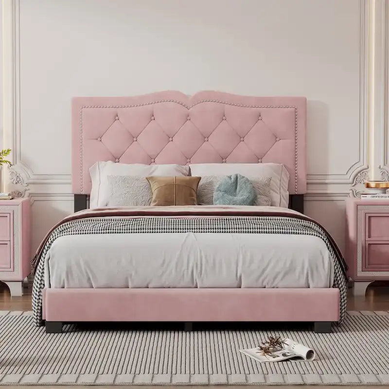 Full Size Modern Velvet Upholstered Platform Bed with Plush Velvet Tufted Headboard for Bedroom