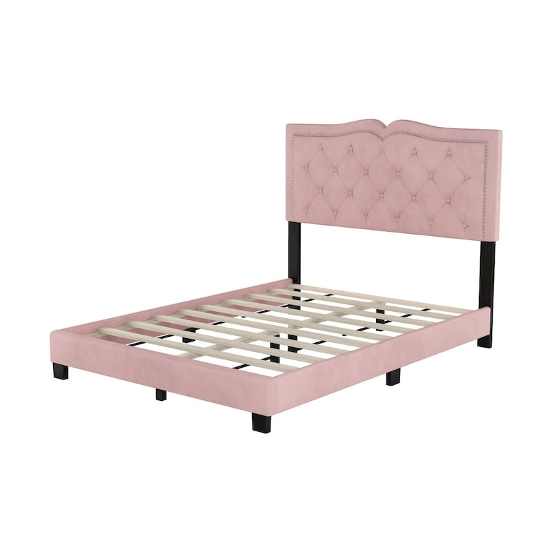 Full Size Modern Velvet Upholstered Platform Bed with Plush Velvet Tufted Headboard for Bedroom