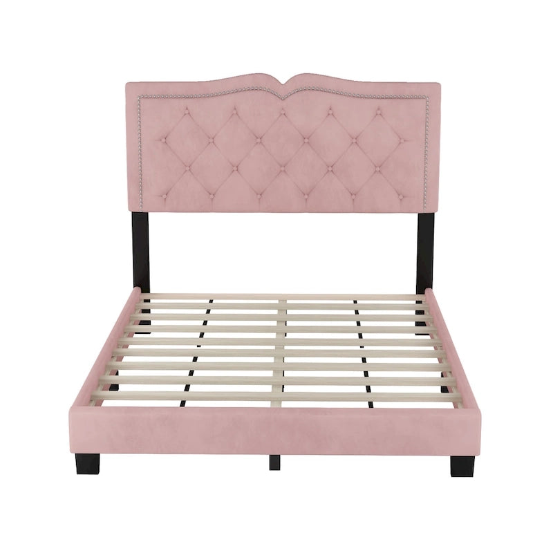 Full Size Modern Velvet Upholstered Platform Bed with Plush Velvet Tufted Headboard for Bedroom