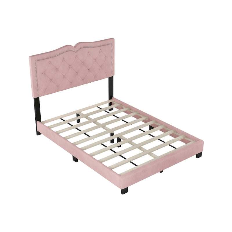 Full Size Modern Velvet Upholstered Platform Bed with Plush Velvet Tufted Headboard for Bedroom