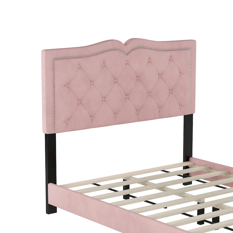 Full Size Modern Velvet Upholstered Platform Bed with Plush Velvet Tufted Headboard for Bedroom