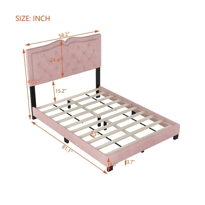 Full Size Modern Velvet Upholstered Platform Bed with Plush Velvet Tufted Headboard for Bedroom
