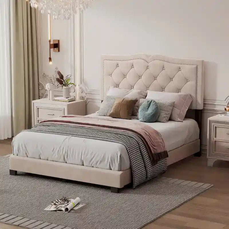 Full Size Modern Velvet Upholstered Platform Bed with Plush Velvet Tufted Headboard for Bedroom