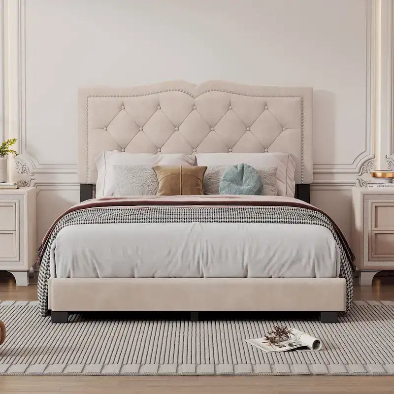 Full Size Modern Velvet Upholstered Platform Bed with Plush Velvet Tufted Headboard for Bedroom