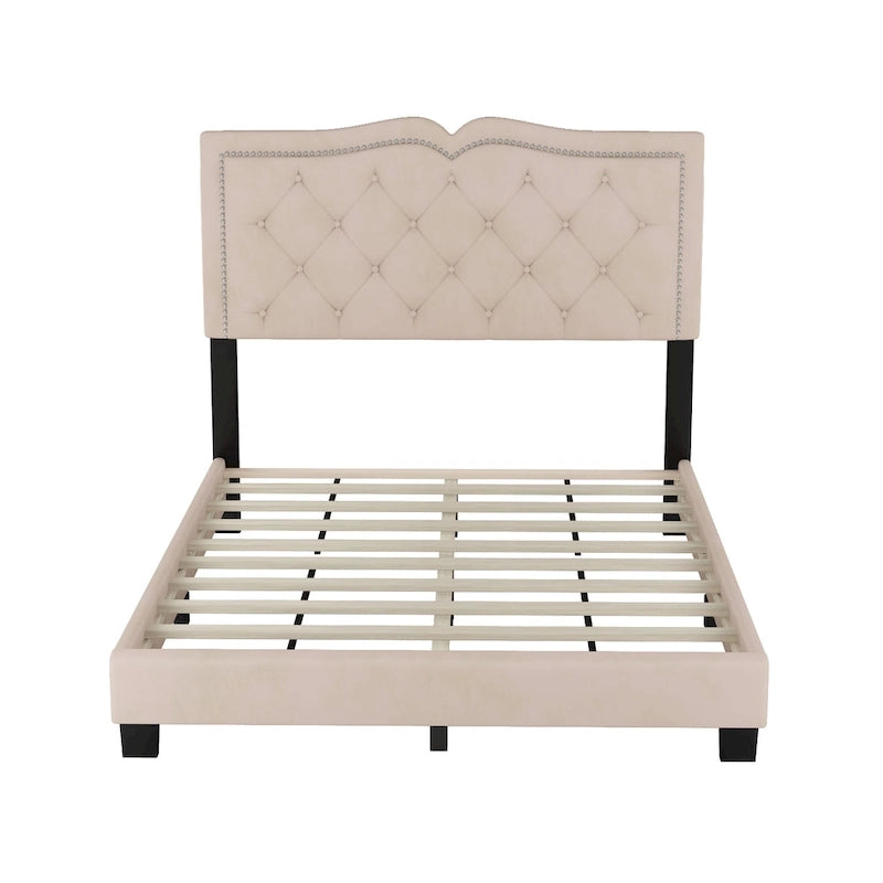 Full Size Modern Velvet Upholstered Platform Bed with Plush Velvet Tufted Headboard for Bedroom