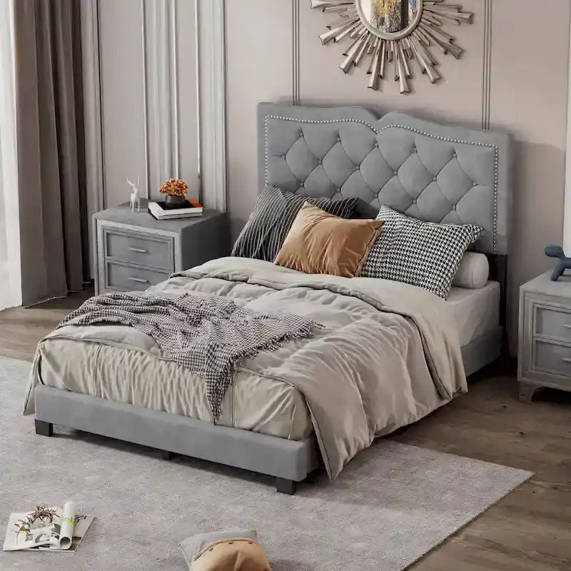 Full Size Modern Velvet Upholstered Platform Bed with Plush Velvet Tufted Headboard for Bedroom