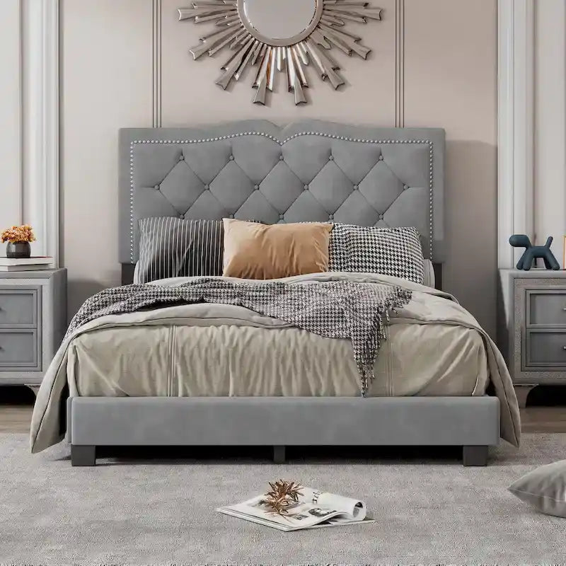 Full Size Modern Velvet Upholstered Platform Bed with Plush Velvet Tufted Headboard for Bedroom