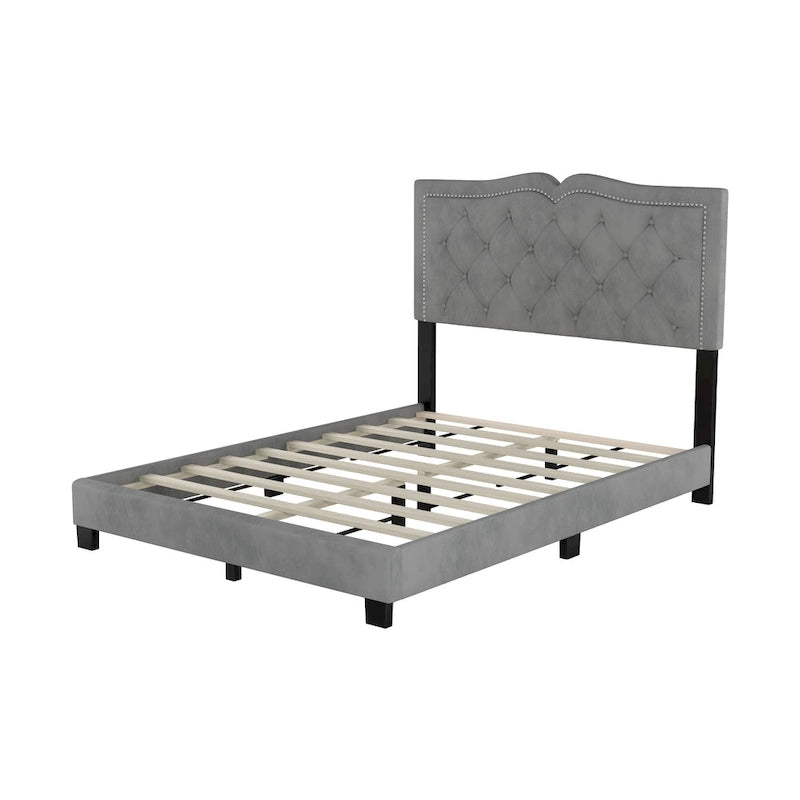 Full Size Modern Velvet Upholstered Platform Bed with Plush Velvet Tufted Headboard for Bedroom