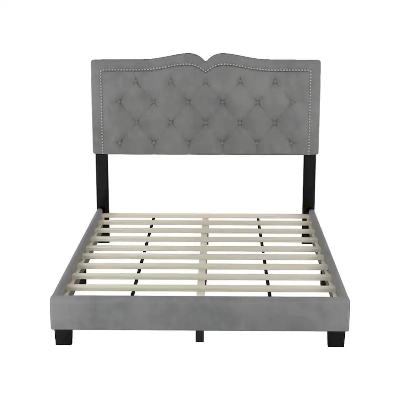 Full Size Modern Velvet Upholstered Platform Bed with Plush Velvet Tufted Headboard for Bedroom