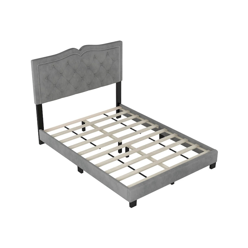 Full Size Modern Velvet Upholstered Platform Bed with Plush Velvet Tufted Headboard for Bedroom
