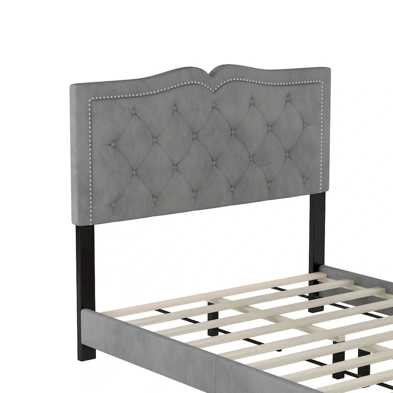 Full Size Modern Velvet Upholstered Platform Bed with Plush Velvet Tufted Headboard for Bedroom